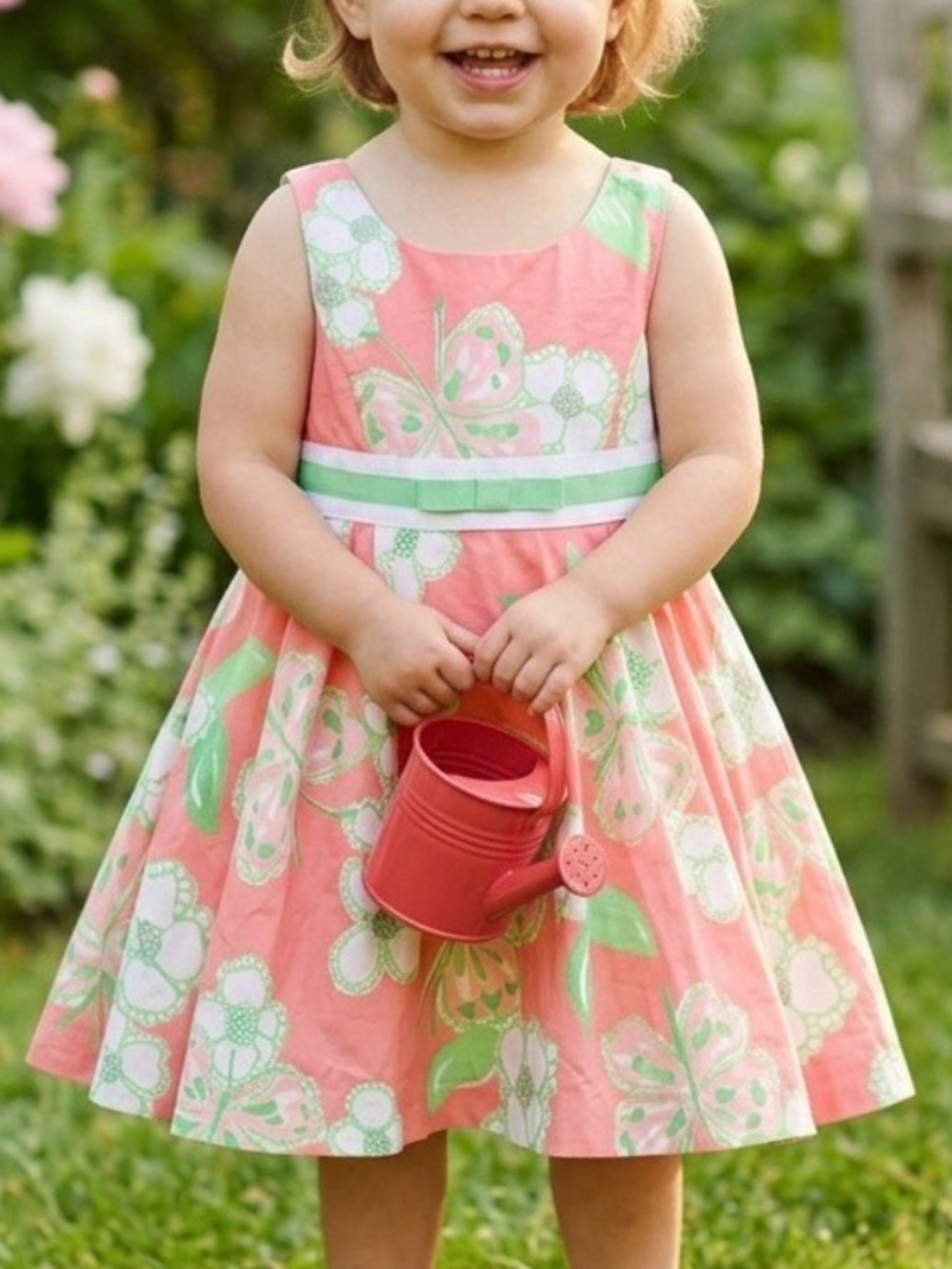 Lilly Pulitzer Coral Pink Floral Dress with Lime Green Trim Size 2